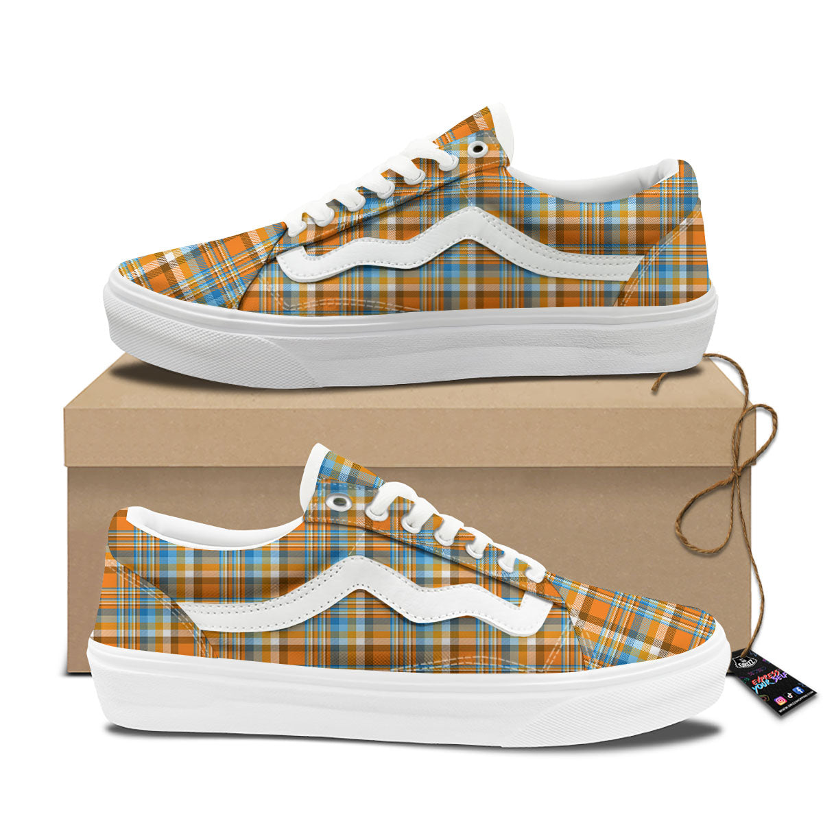 Madras Blue And Orange Print Pattern Skate Shoes-grizzshop