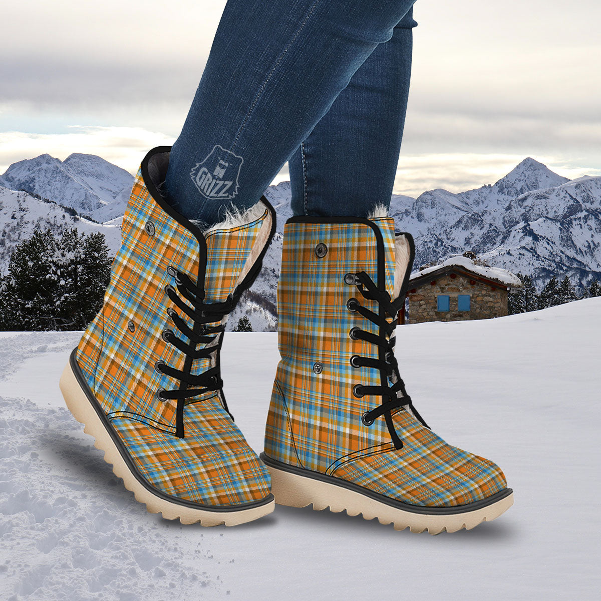 Madras Blue And Orange Print Pattern Snow Boots-grizzshop