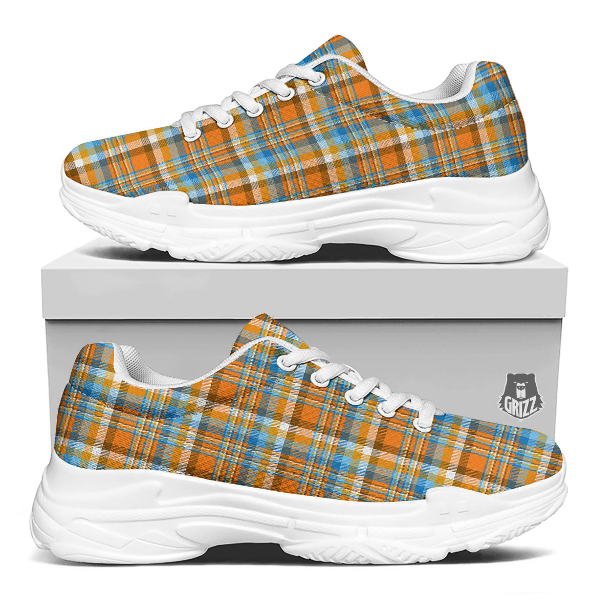 Madras Blue And Orange Print Pattern White Chunky Shoes-grizzshop