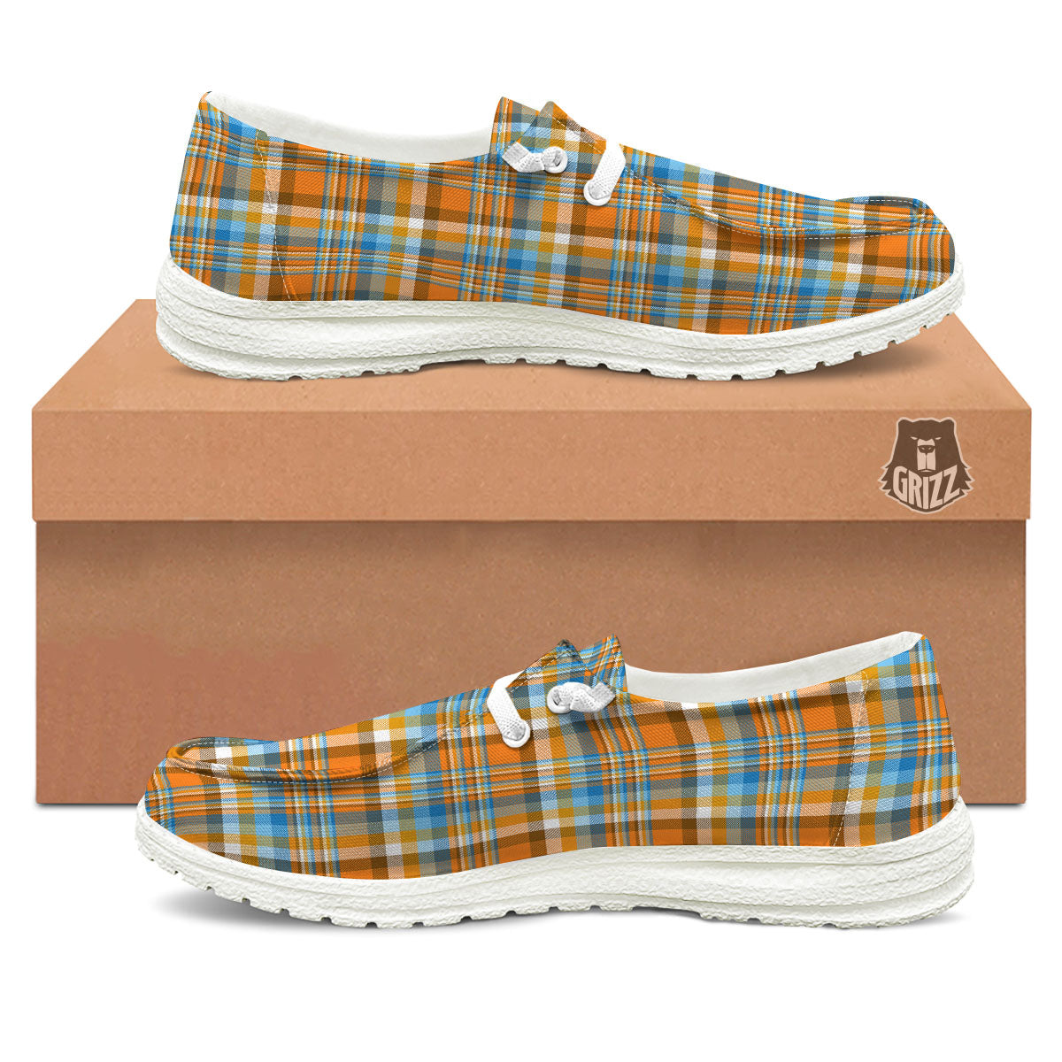 Madras Blue And Orange Print Pattern White Loafers-grizzshop