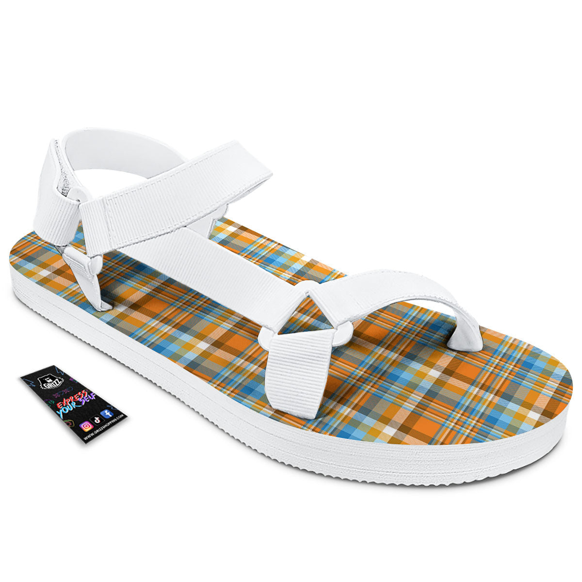 Madras Blue And Orange Print Pattern White Open Toe Sandals-grizzshop
