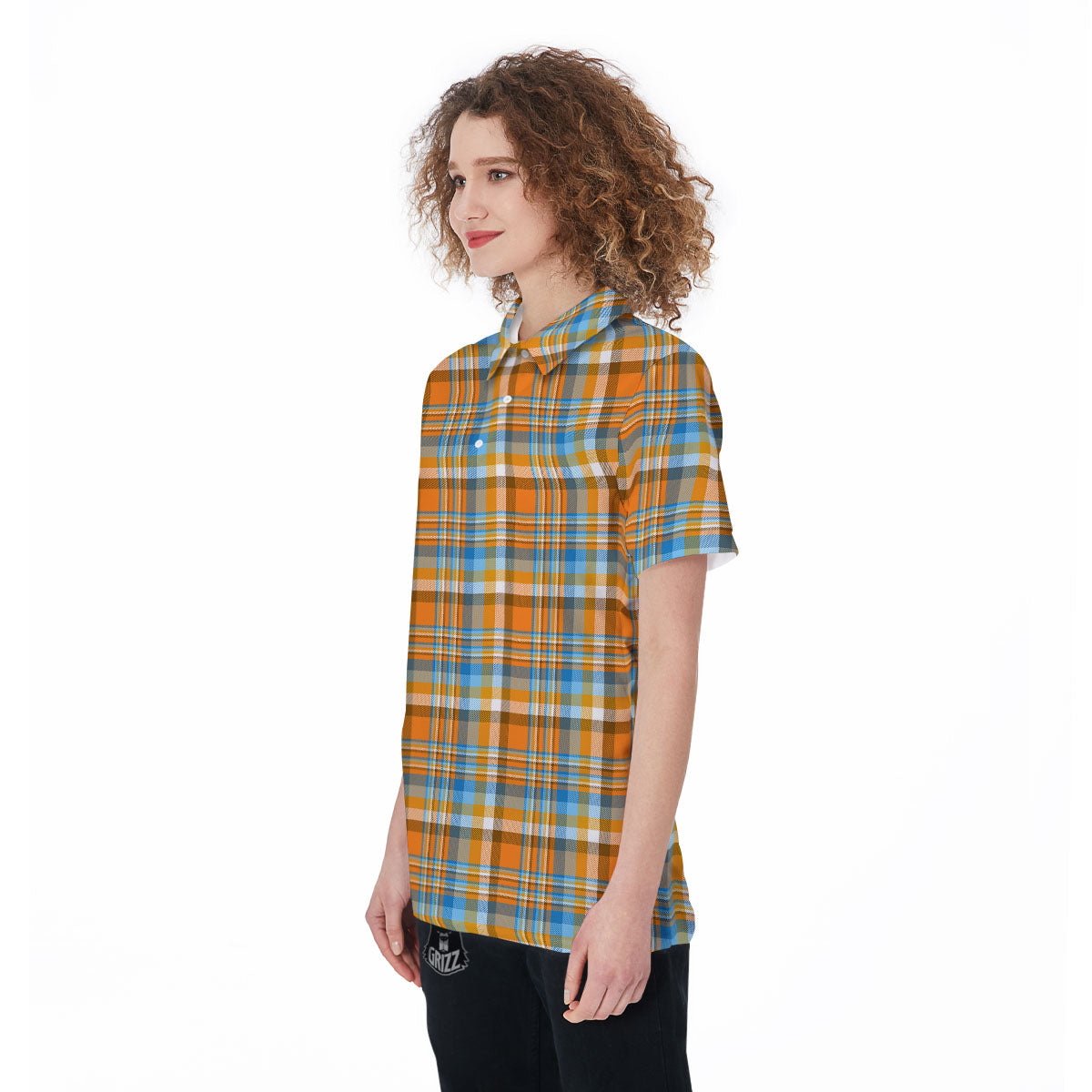 Madras Blue And Orange Print Pattern Women's Golf Shirts-grizzshop