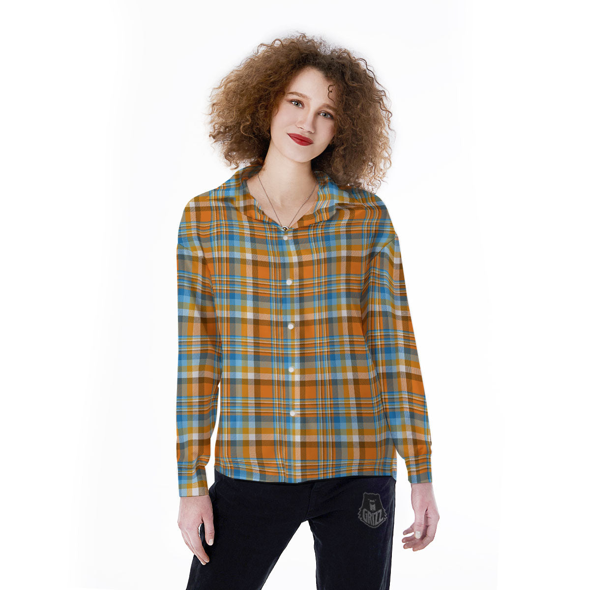 Madras Blue And Orange Print Pattern Women's Long Sleeve Shirts-grizzshop