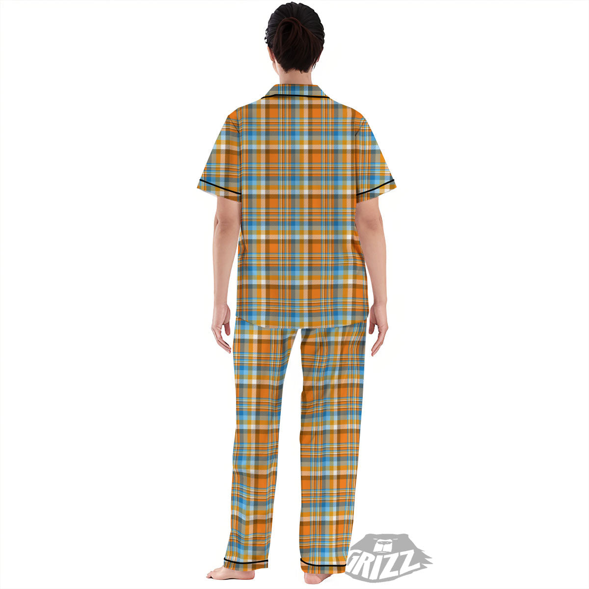 Madras Blue And Orange Print Pattern Women's Pajamas Set-grizzshop