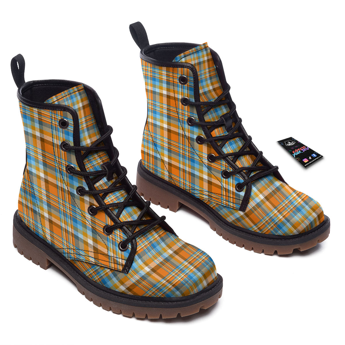 Madras Blue And Orange Print Pattern Work Boots-grizzshop