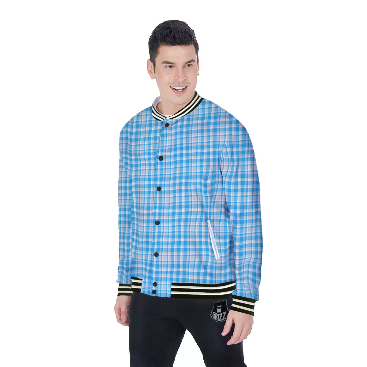 Madras Blue Print Pattern Baseball Jacket-grizzshop
