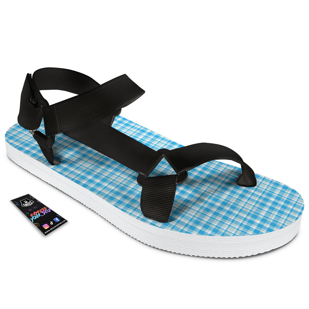 Madras Blue Print Pattern Black Open Toe Sandals-grizzshop