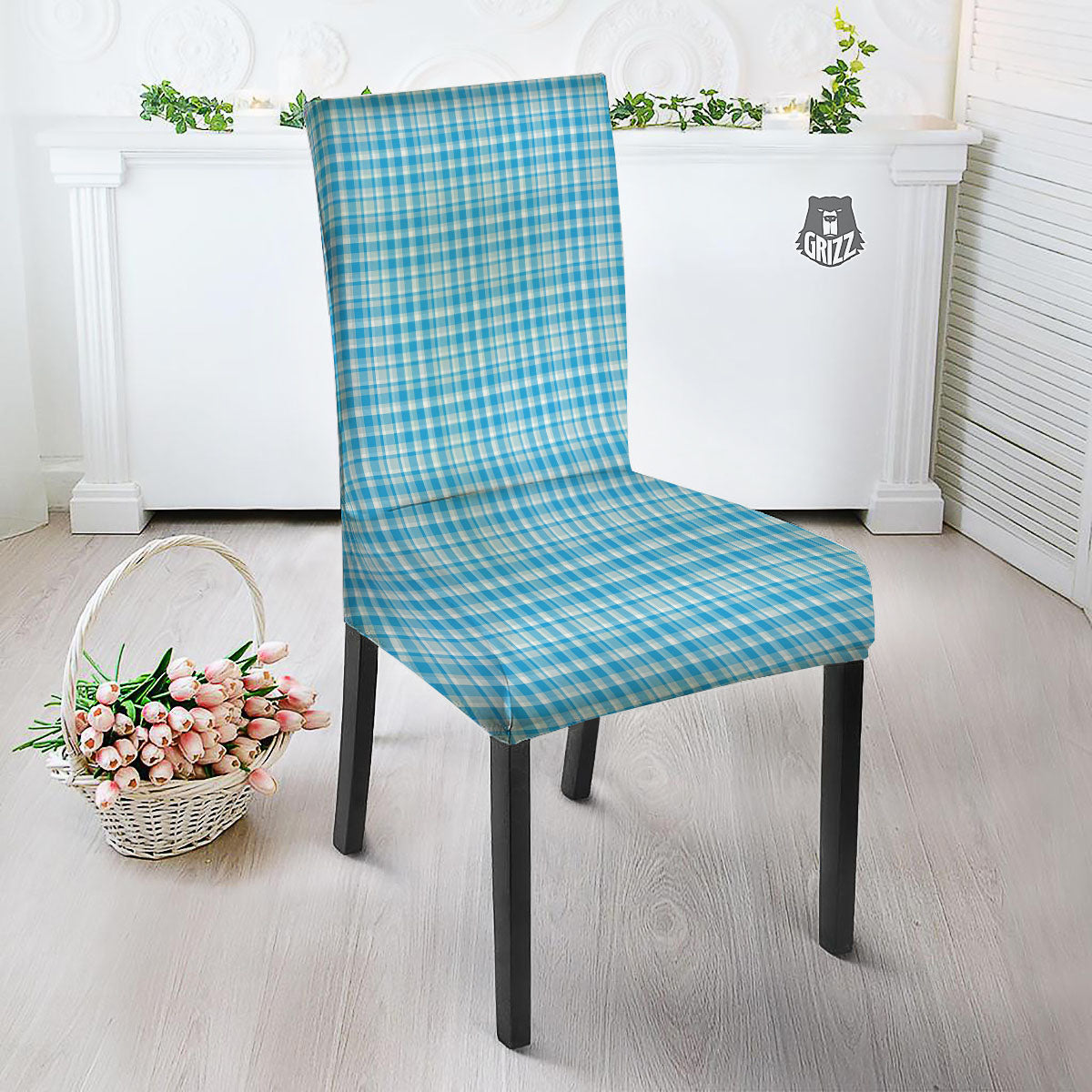 Madras Blue Print Pattern Dining Chair Slipcover-grizzshop