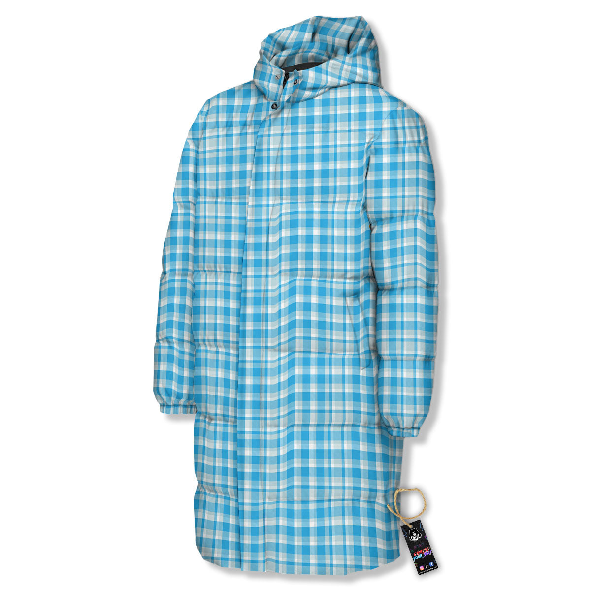 Madras Blue Print Pattern Long Down Jacket-grizzshop