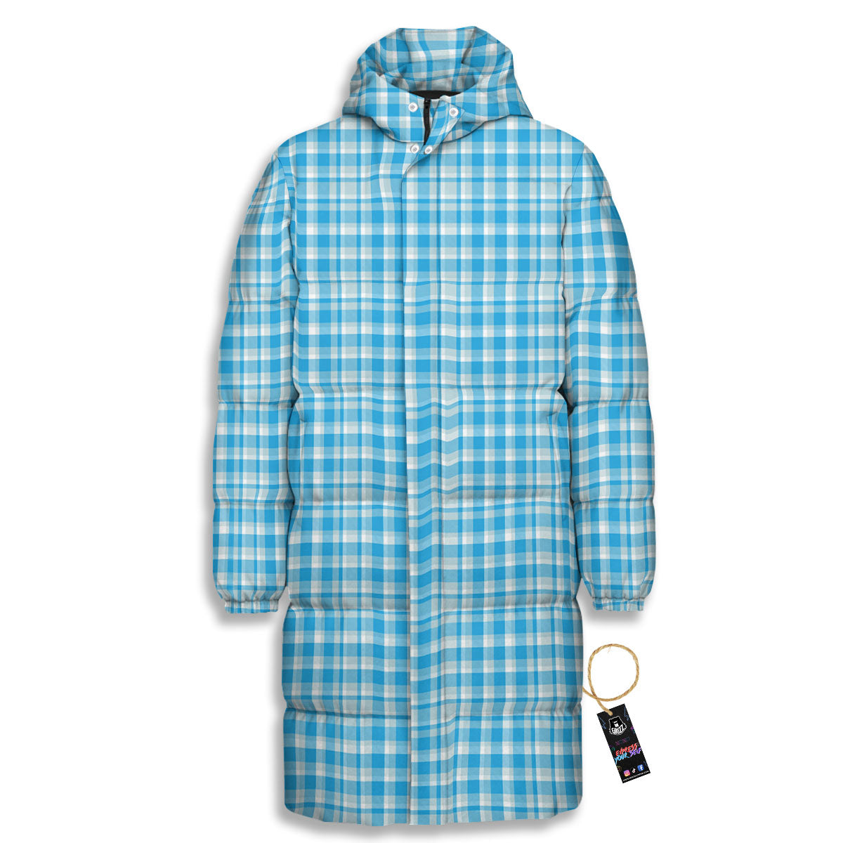 Madras Blue Print Pattern Long Down Jacket-grizzshop