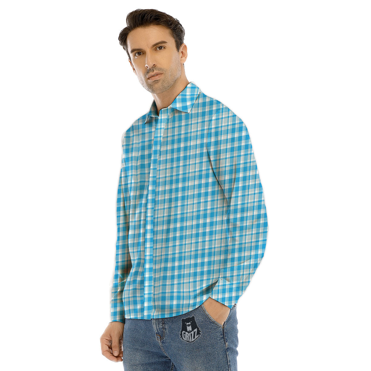 Madras Blue Print Pattern Men's Dress Shirts-grizzshop