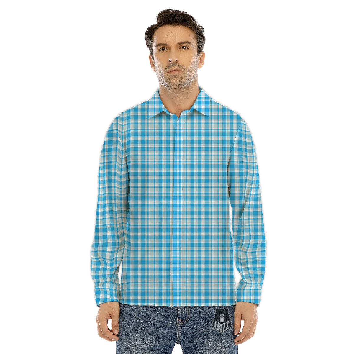 Madras Blue Print Pattern Men's Dress Shirts-grizzshop
