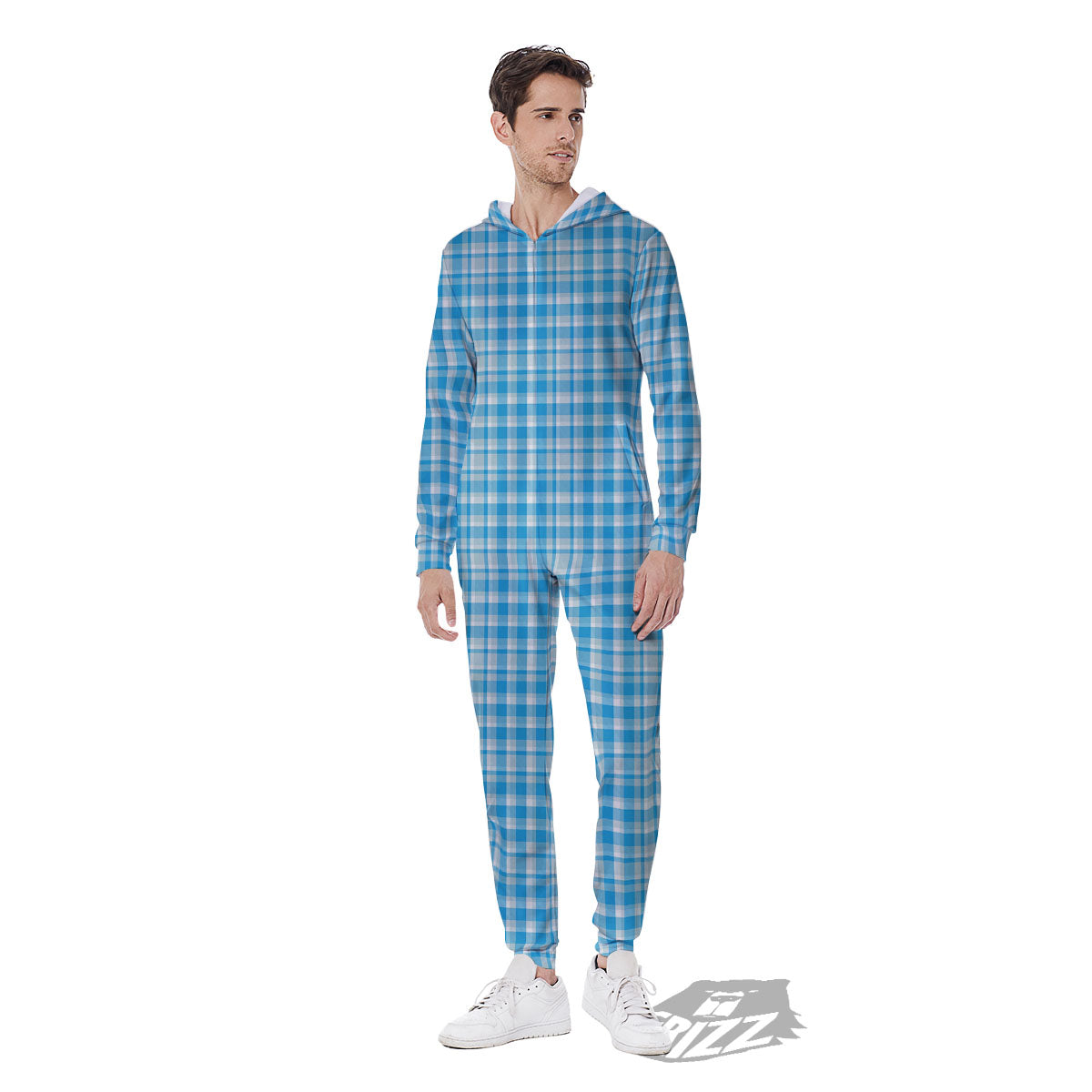 Madras Blue Print Pattern Men's Jumpsuit-grizzshop