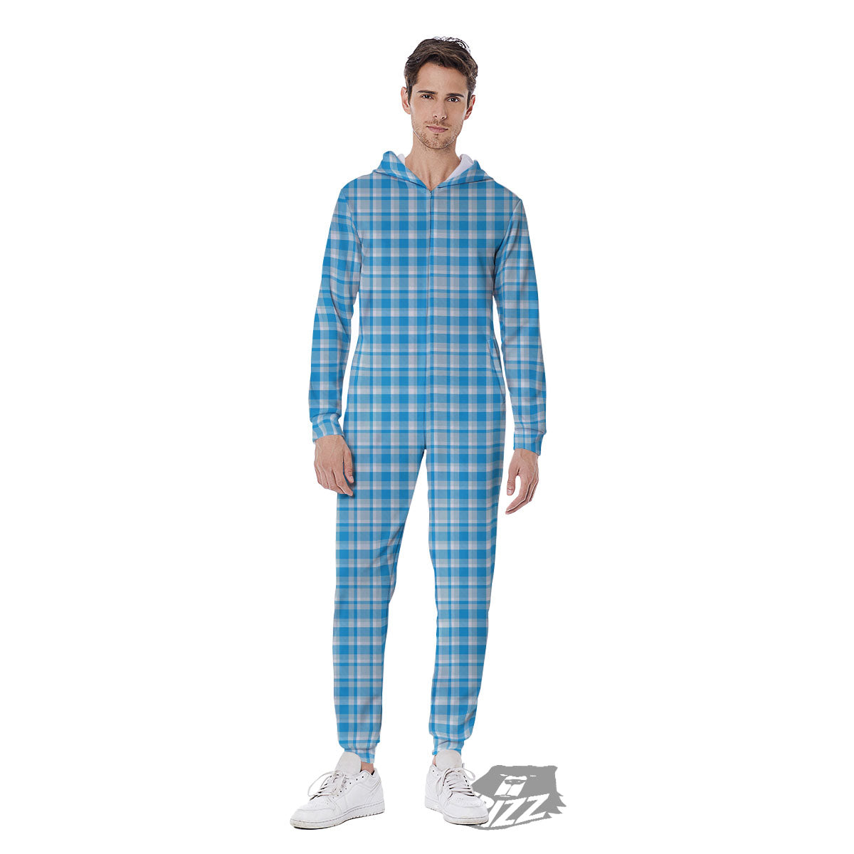 Madras Blue Print Pattern Men's Jumpsuit-grizzshop