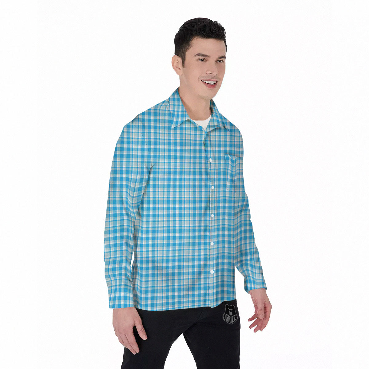 Madras Blue Print Pattern Men's Long Sleeve Shirts-grizzshop