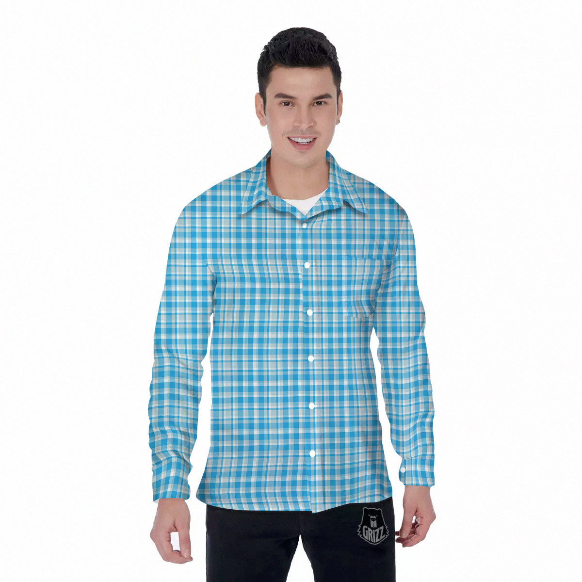 Madras Blue Print Pattern Men's Long Sleeve Shirts-grizzshop