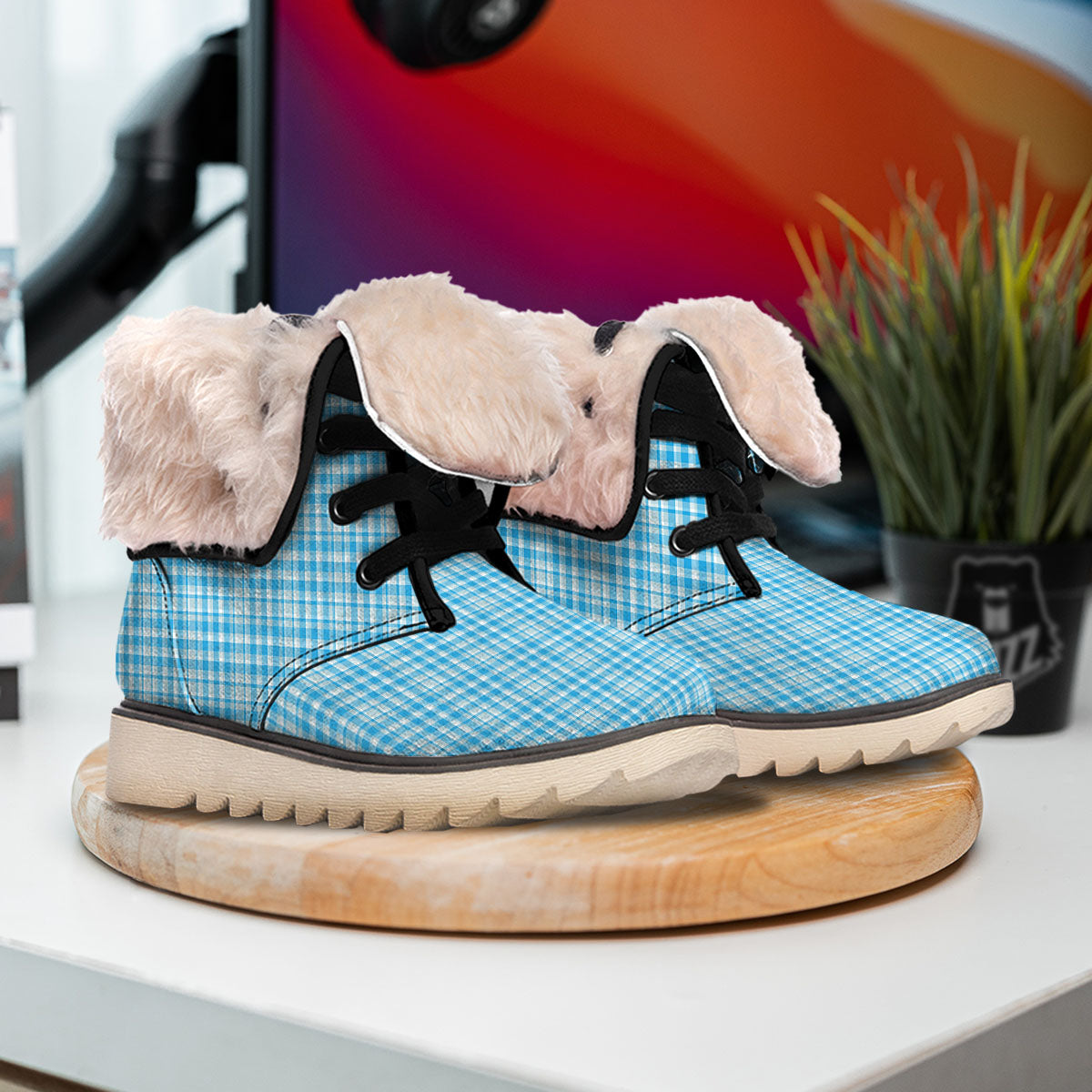 Madras Blue Print Pattern Snow Boots-grizzshop