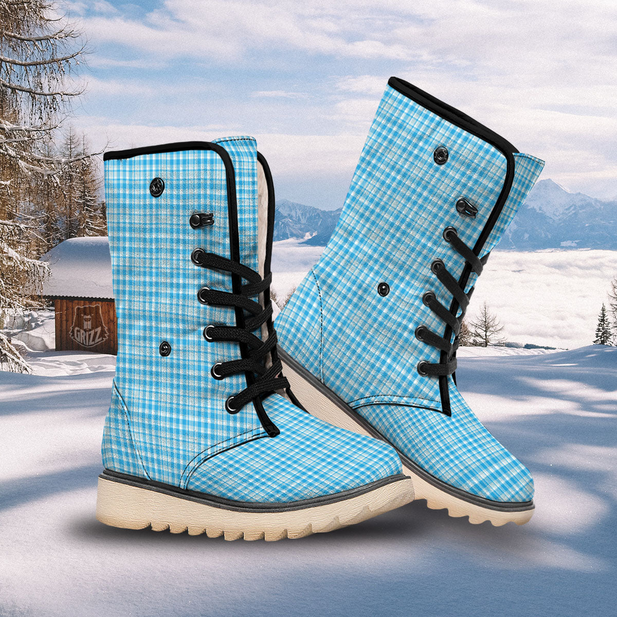 Madras Blue Print Pattern Snow Boots-grizzshop