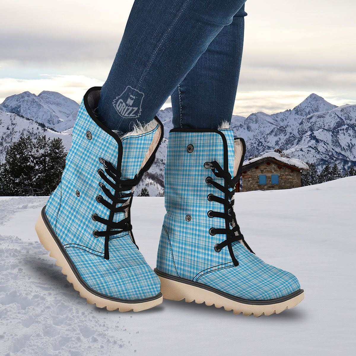 Madras Blue Print Pattern Snow Boots-grizzshop