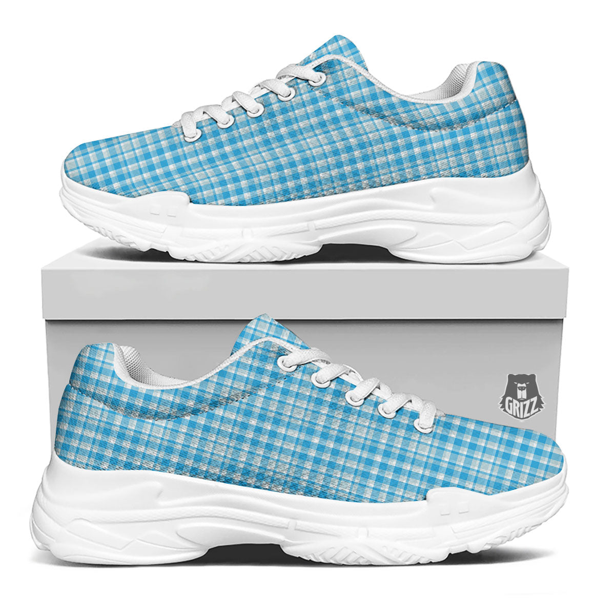 Madras Blue Print Pattern White Chunky Shoes-grizzshop
