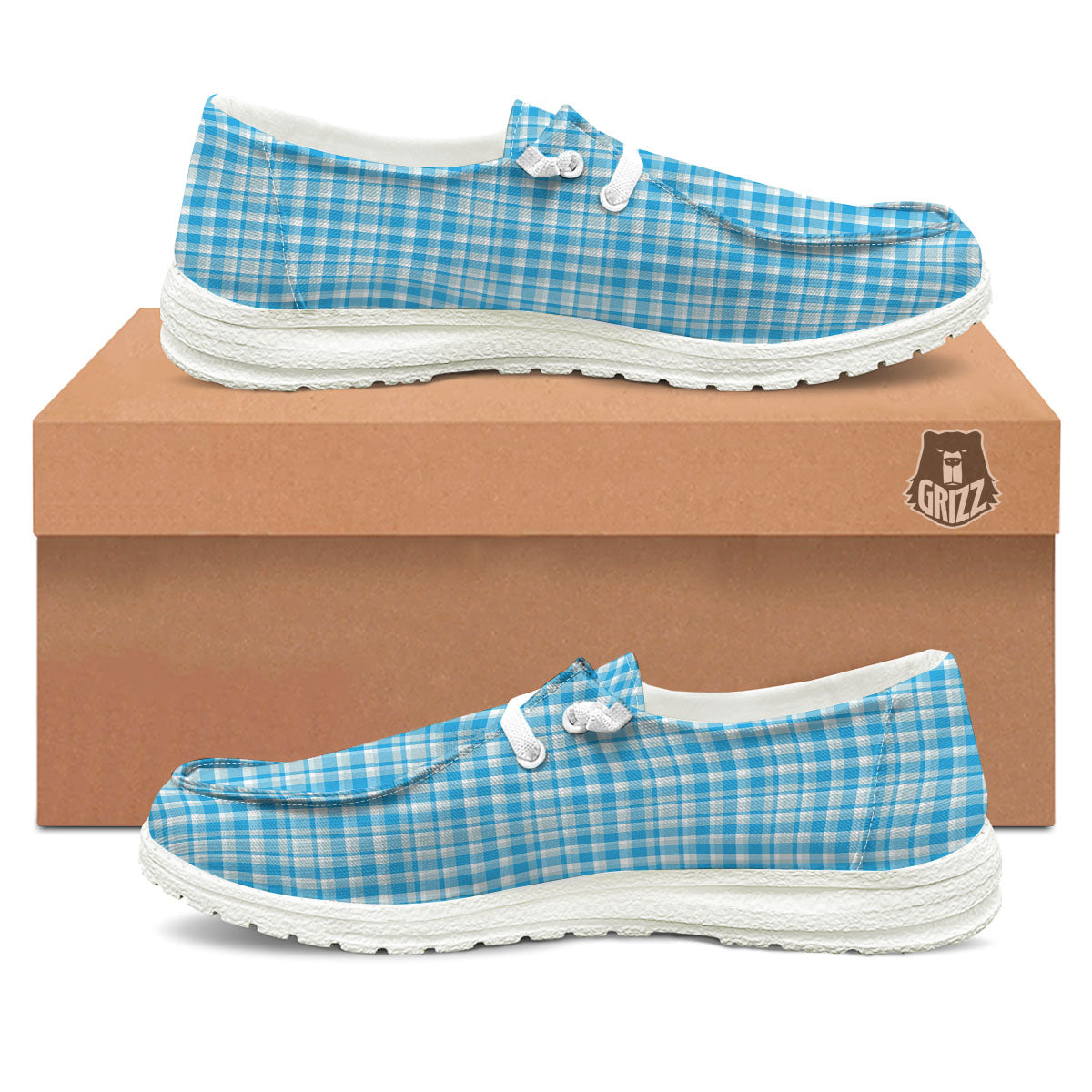 Madras Blue Print Pattern White Loafers-grizzshop