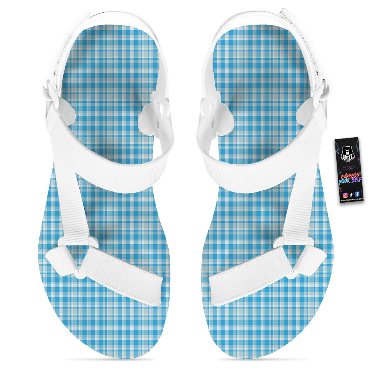 Madras Blue Print Pattern White Open Toe Sandals-grizzshop