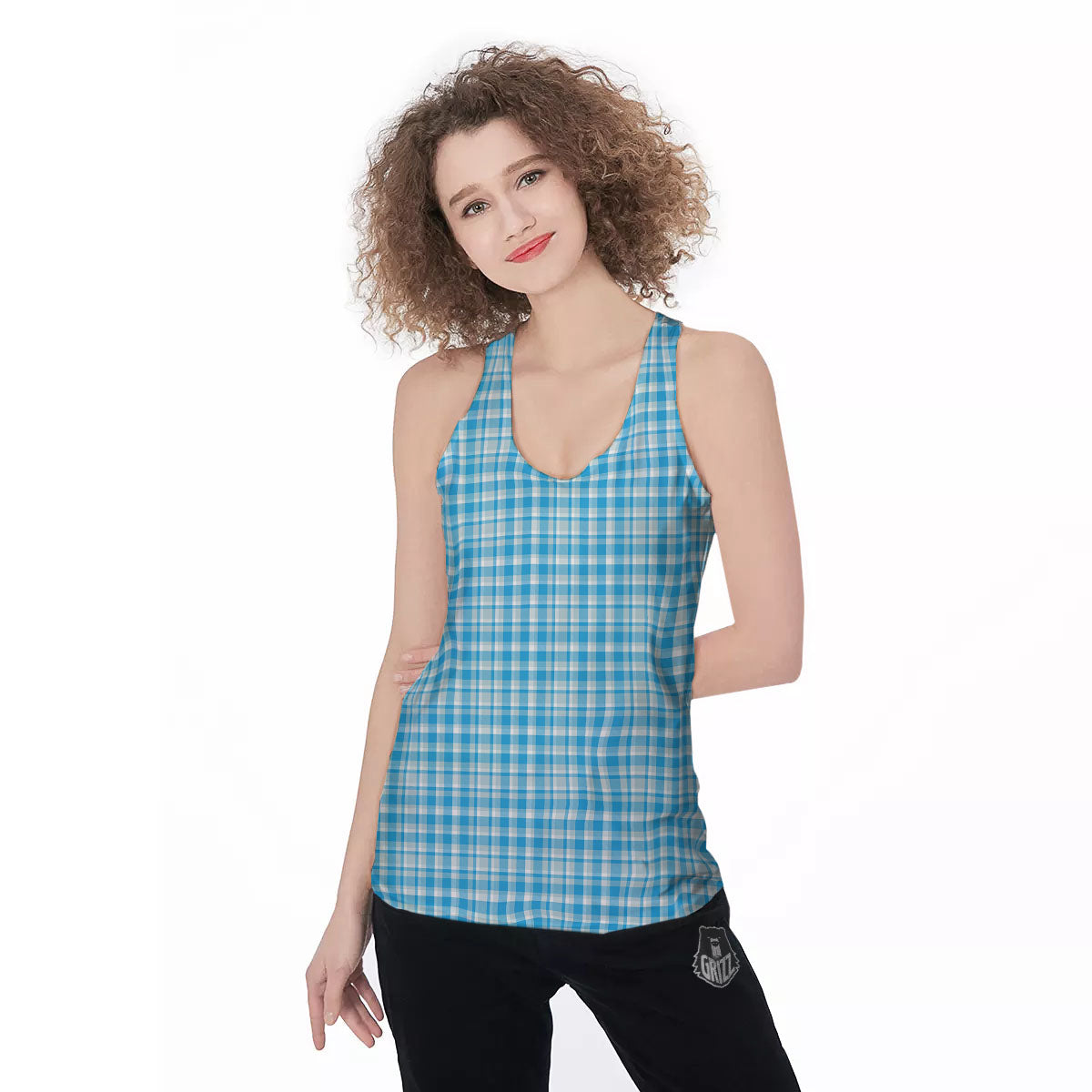Madras Blue Print Pattern Women's Racerback Tank Top-grizzshop