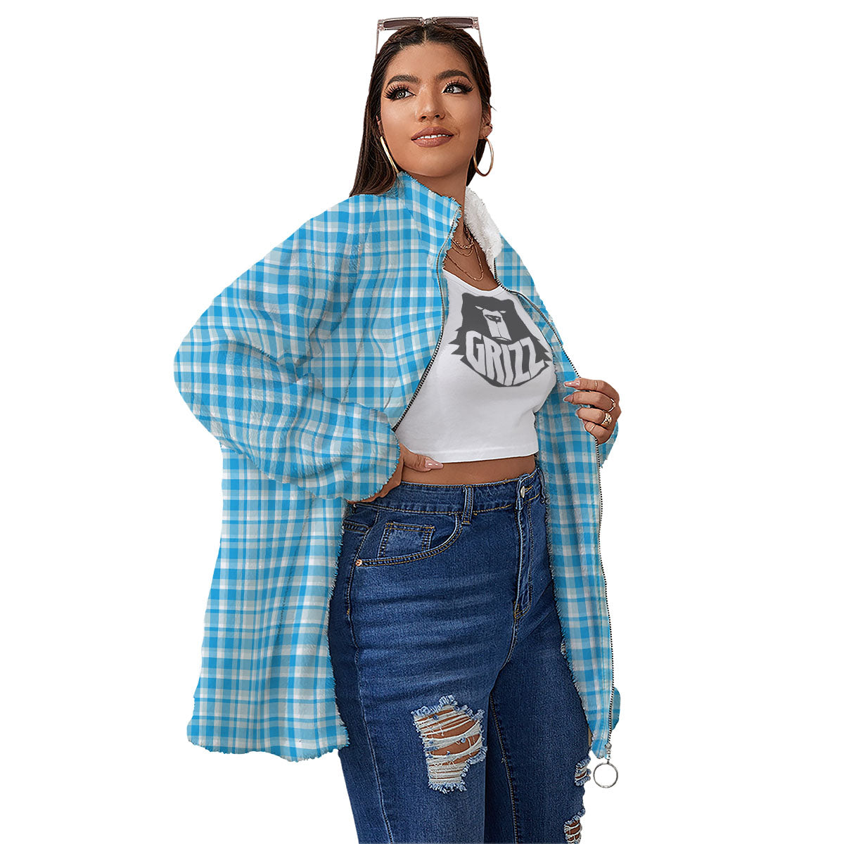Madras Blue Print Pattern Women's Sherpa Jacket-grizzshop