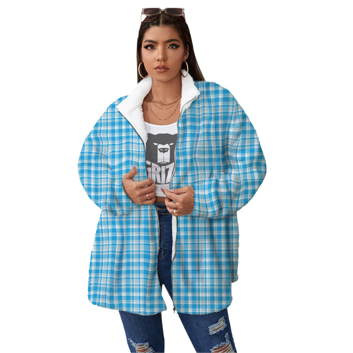 Madras Blue Print Pattern Women's Sherpa Jacket-grizzshop