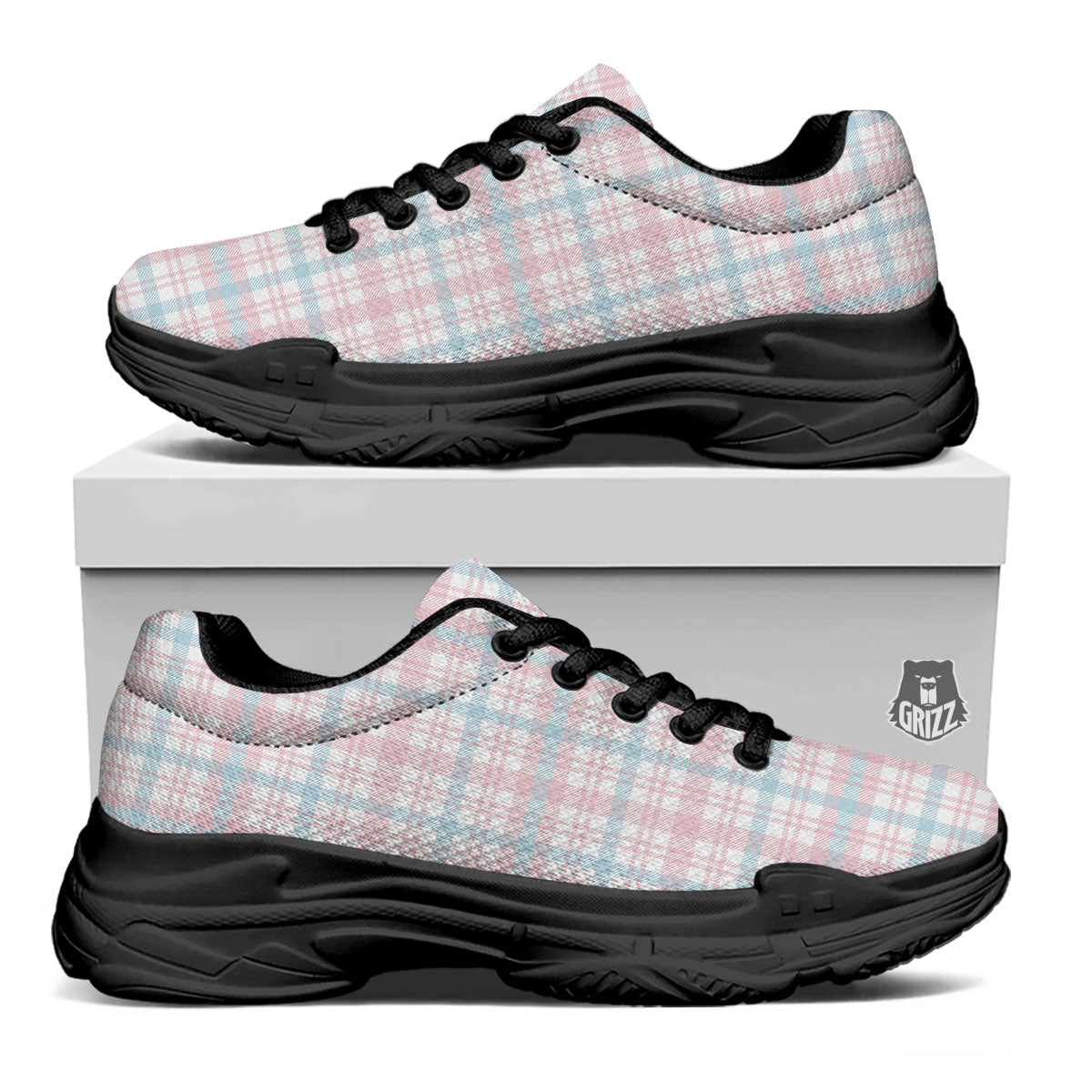 Madras Pastel Print Pattern Black Chunky Shoes-grizzshop