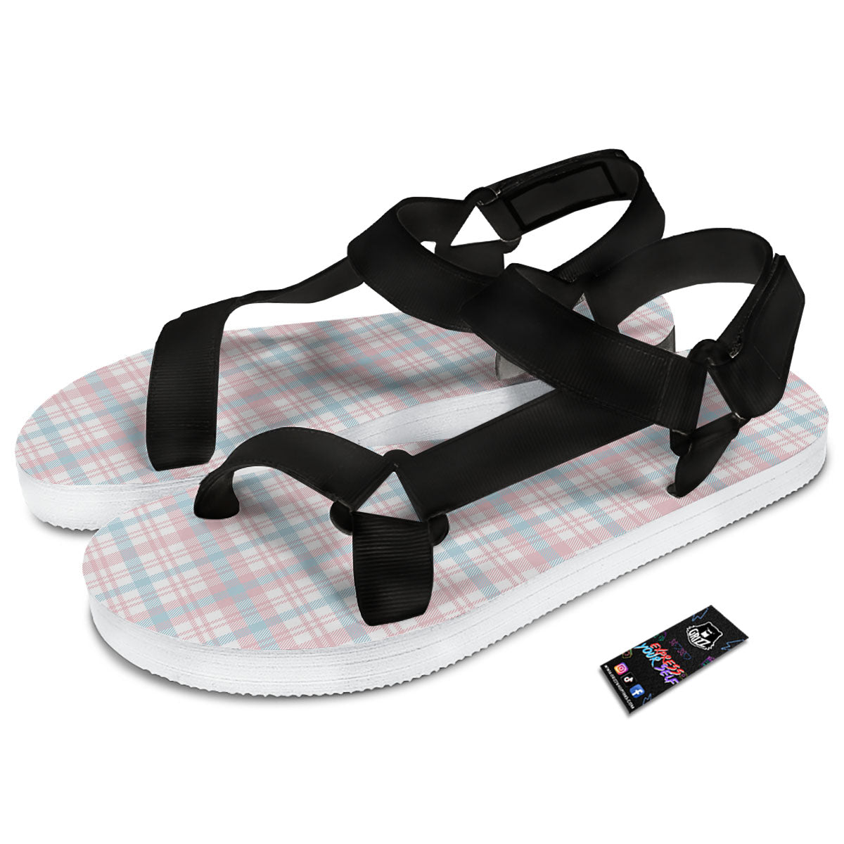 Madras Pastel Print Pattern Black Open Toe Sandals-grizzshop