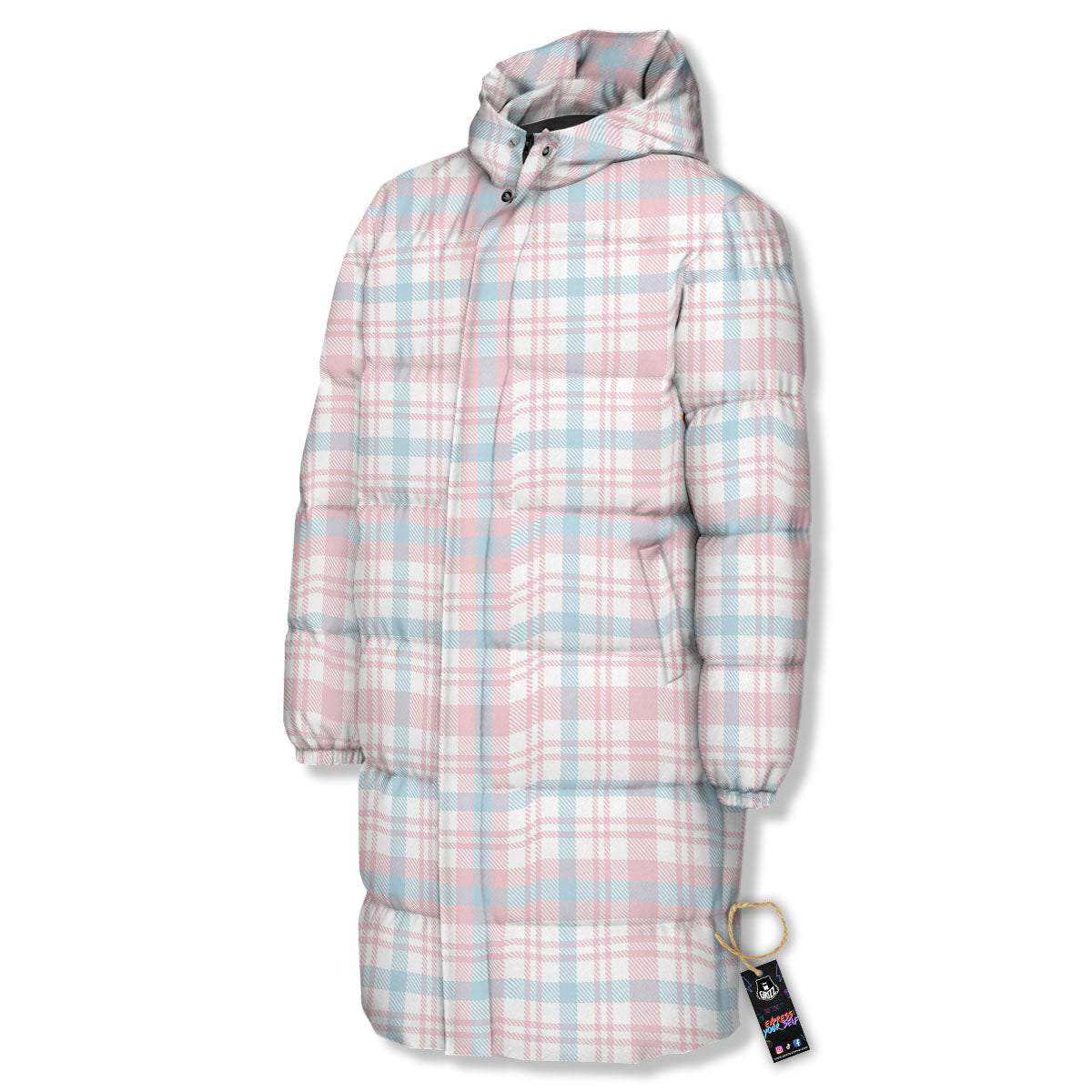 Madras Pastel Print Pattern Long Down Jacket-grizzshop