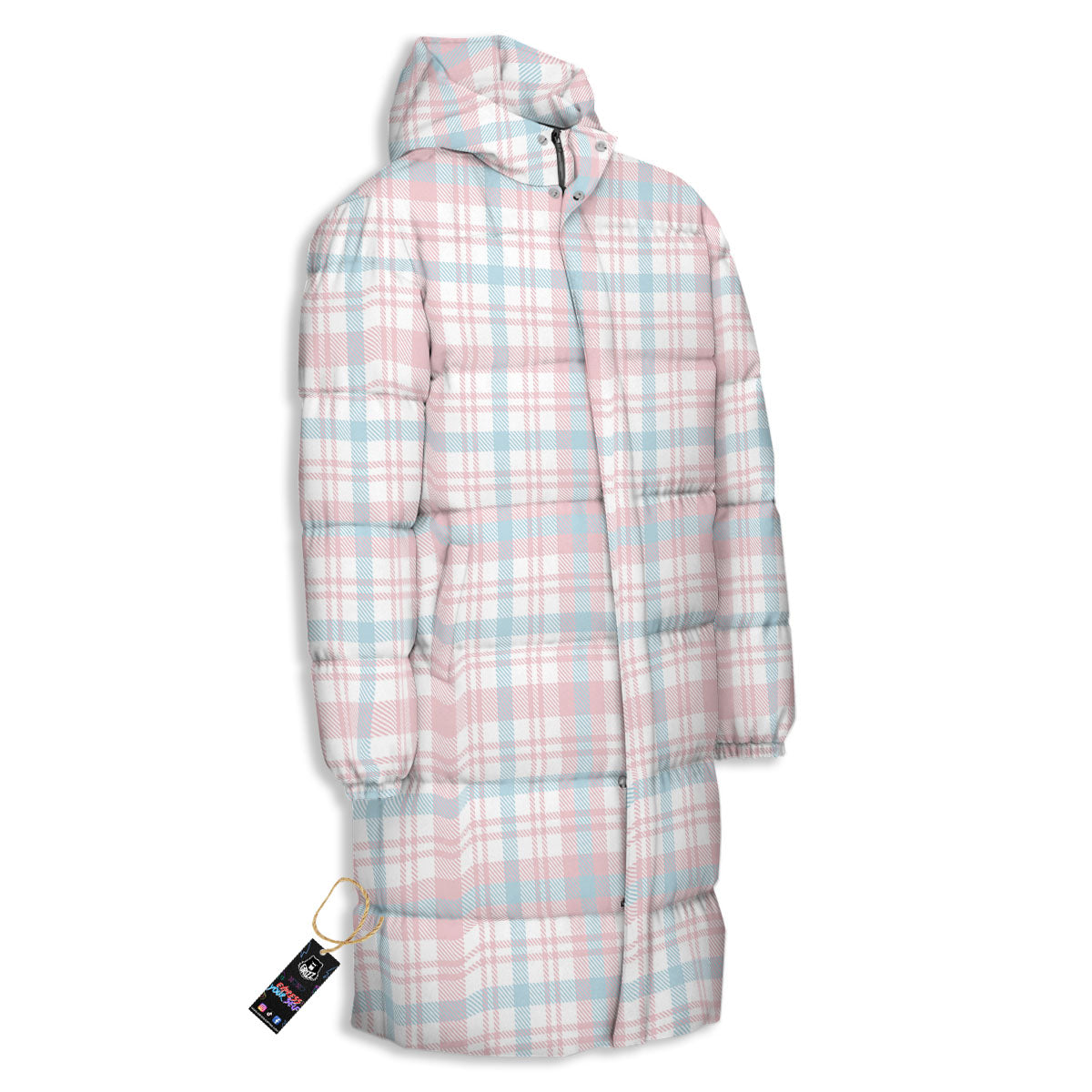 Madras Pastel Print Pattern Long Down Jacket-grizzshop