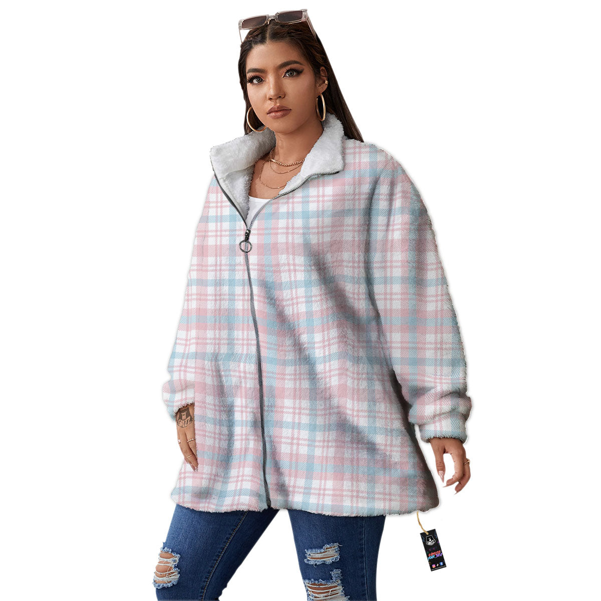 Madras Pastel Print Pattern Women's Sherpa Jacket-grizzshop