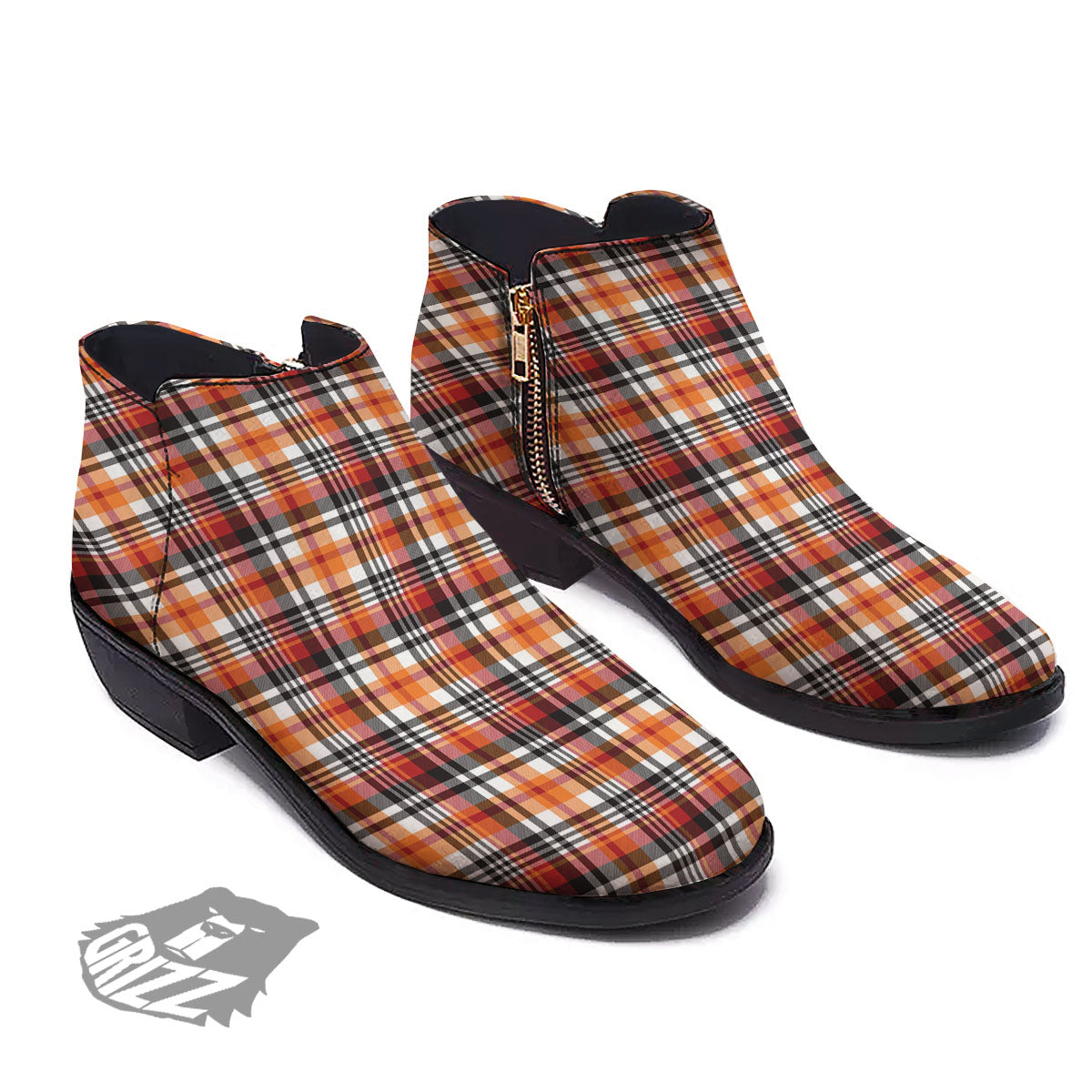 Madras Plaid Black And Orange Print Pattern Ankle Boots-grizzshop