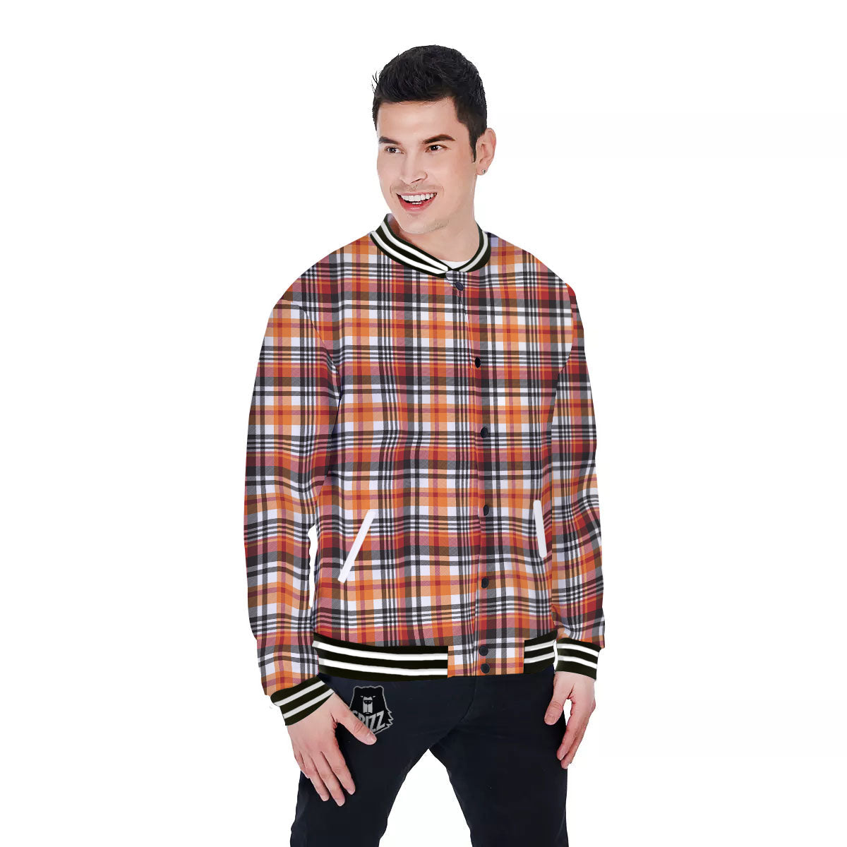 Madras Plaid Black And Orange Print Pattern Baseball Jacket-grizzshop
