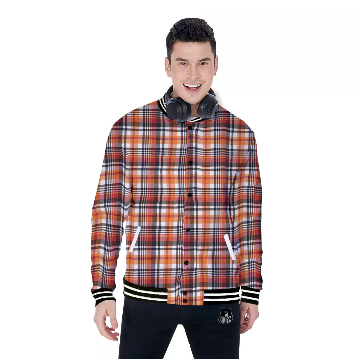 Madras Plaid Black And Orange Print Pattern Baseball Jacket-grizzshop