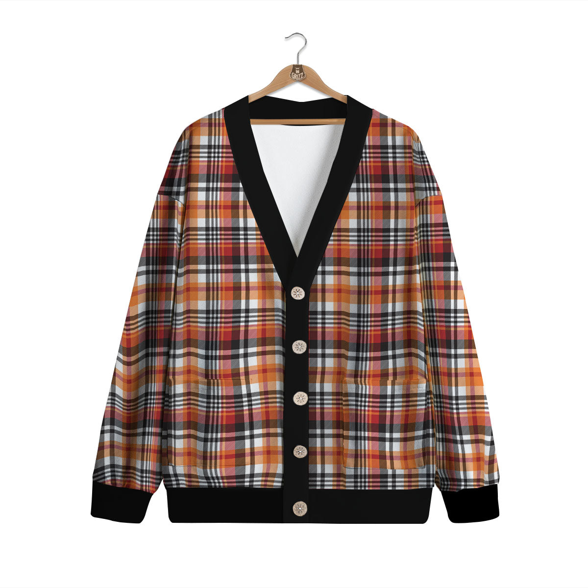 Madras Plaid Black And Orange Print Pattern Cardigan-grizzshop