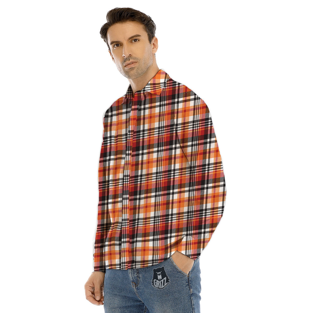 Madras Plaid Black And Orange Print Pattern Men's Dress Shirts-grizzshop