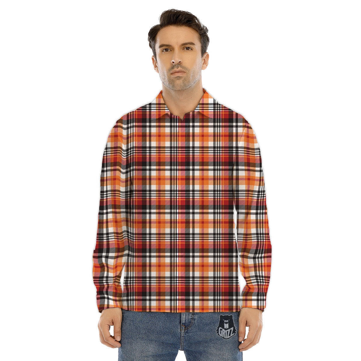 Madras Plaid Black And Orange Print Pattern Men's Dress Shirts-grizzshop