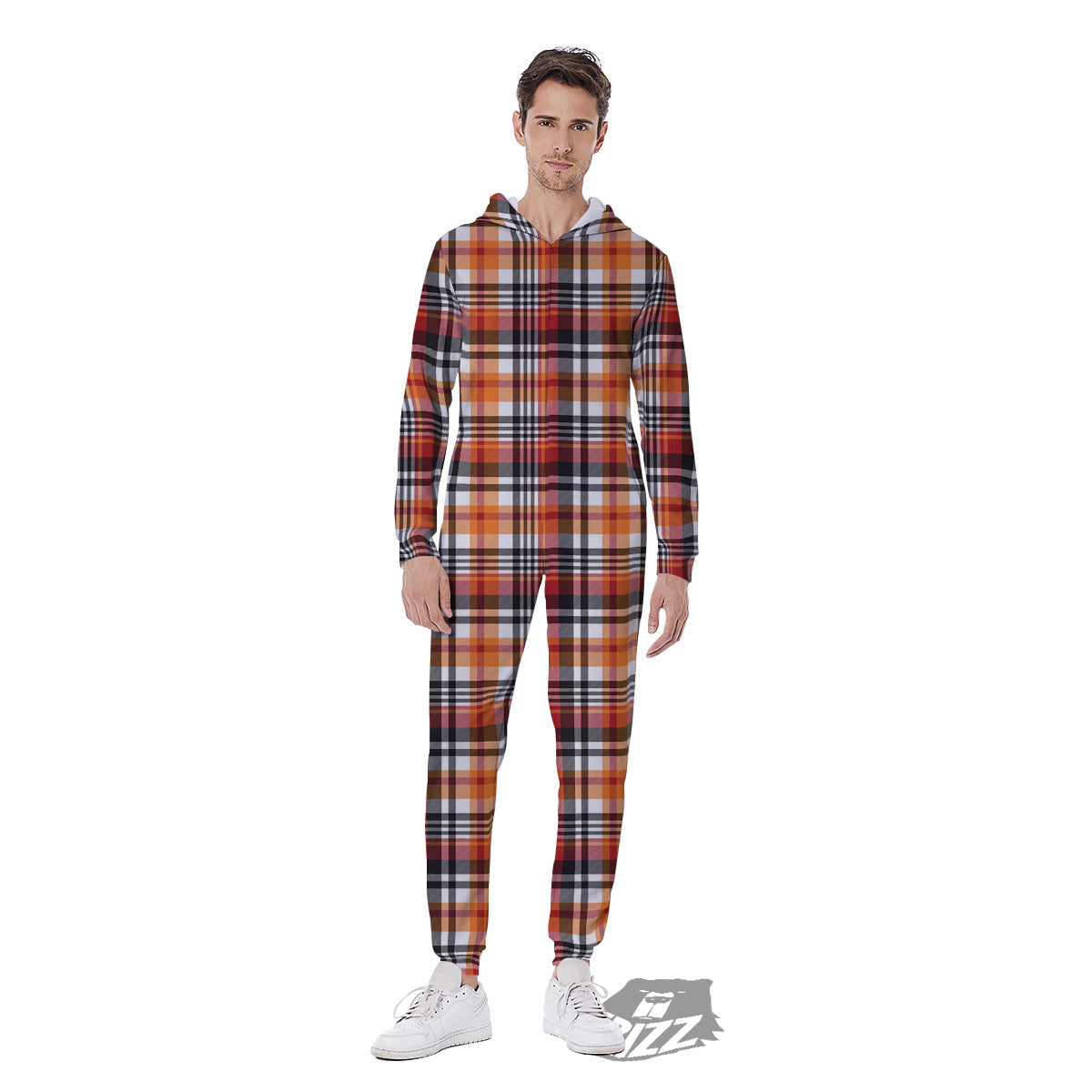 Madras Plaid Black And Orange Print Pattern Men's Jumpsuit-grizzshop