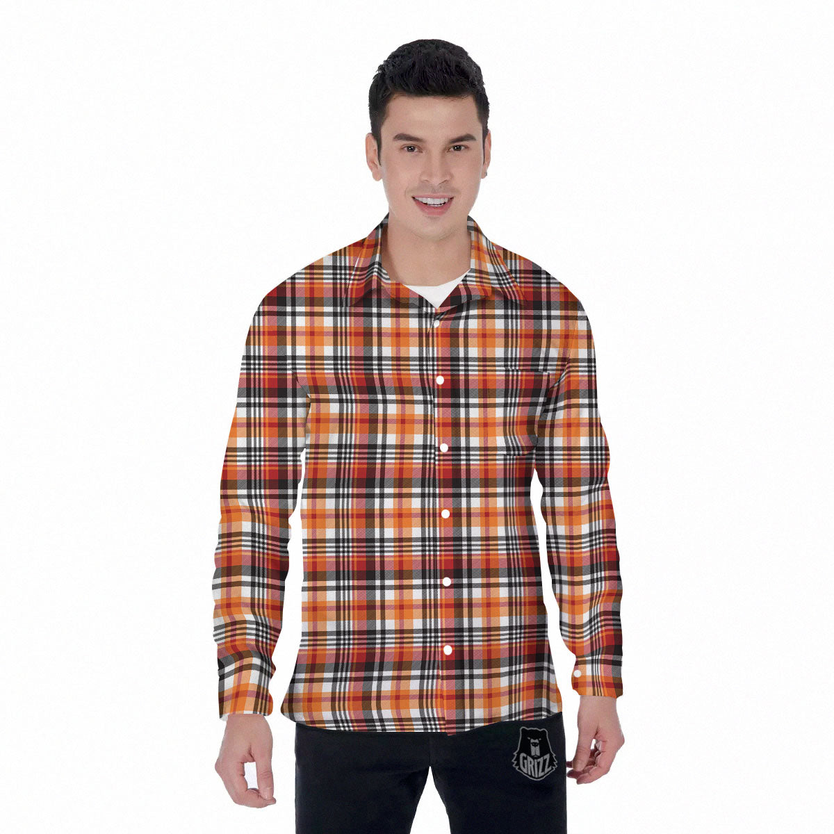 Madras Plaid Black And Orange Print Pattern Men's Long Sleeve Shirts-grizzshop