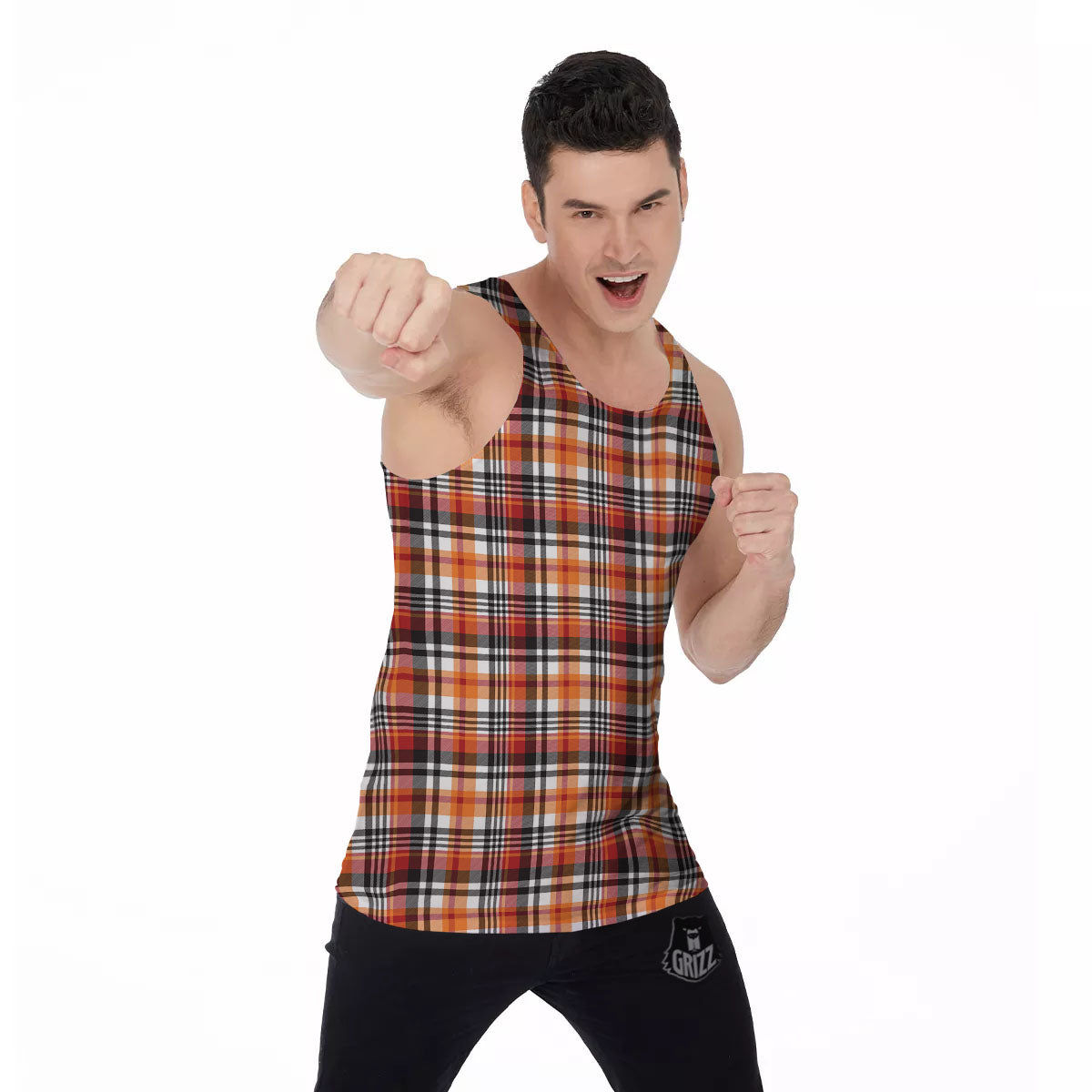Madras Plaid Black And Orange Print Pattern Men's Tank Top-grizzshop