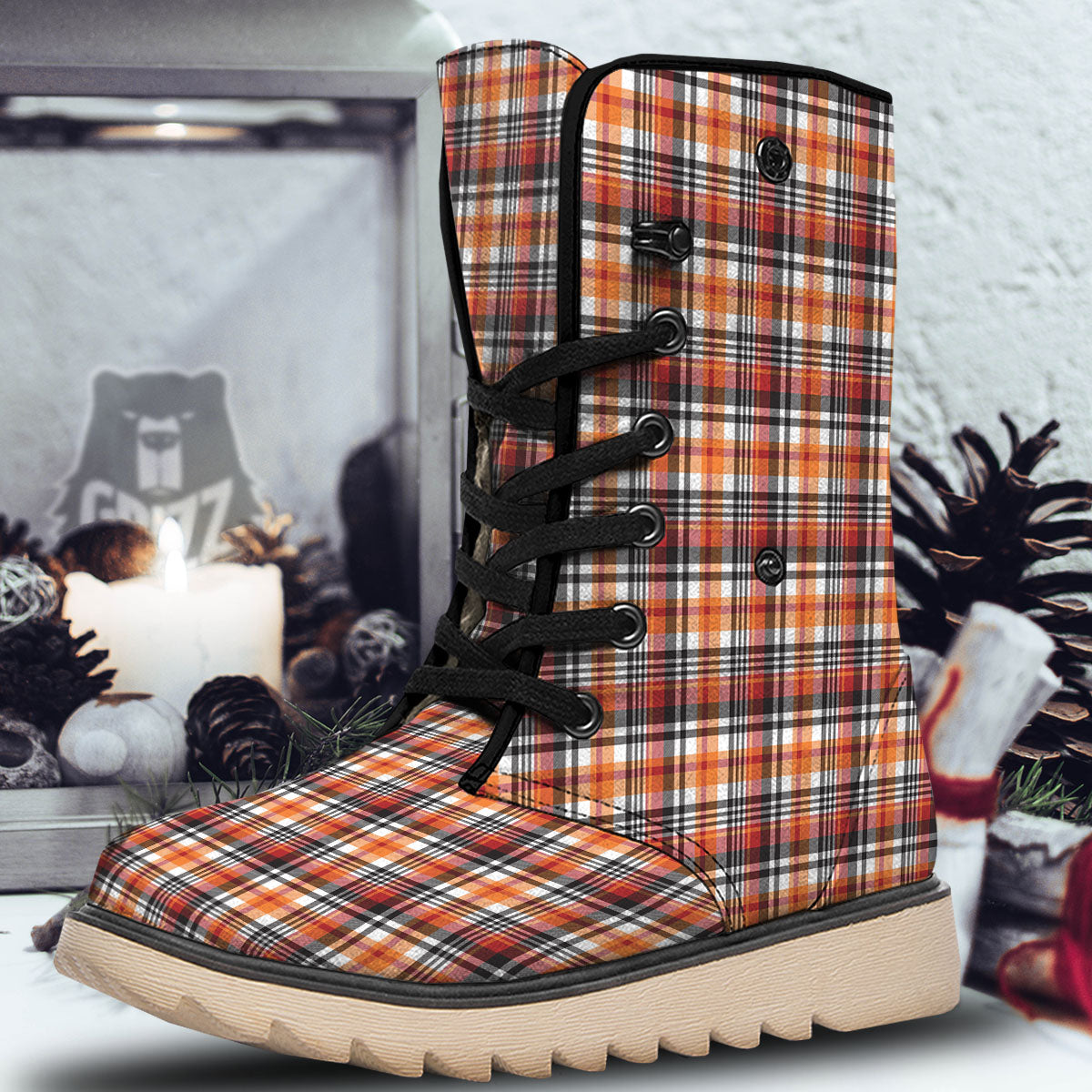 Madras Plaid Black And Orange Print Pattern Snow Boots-grizzshop