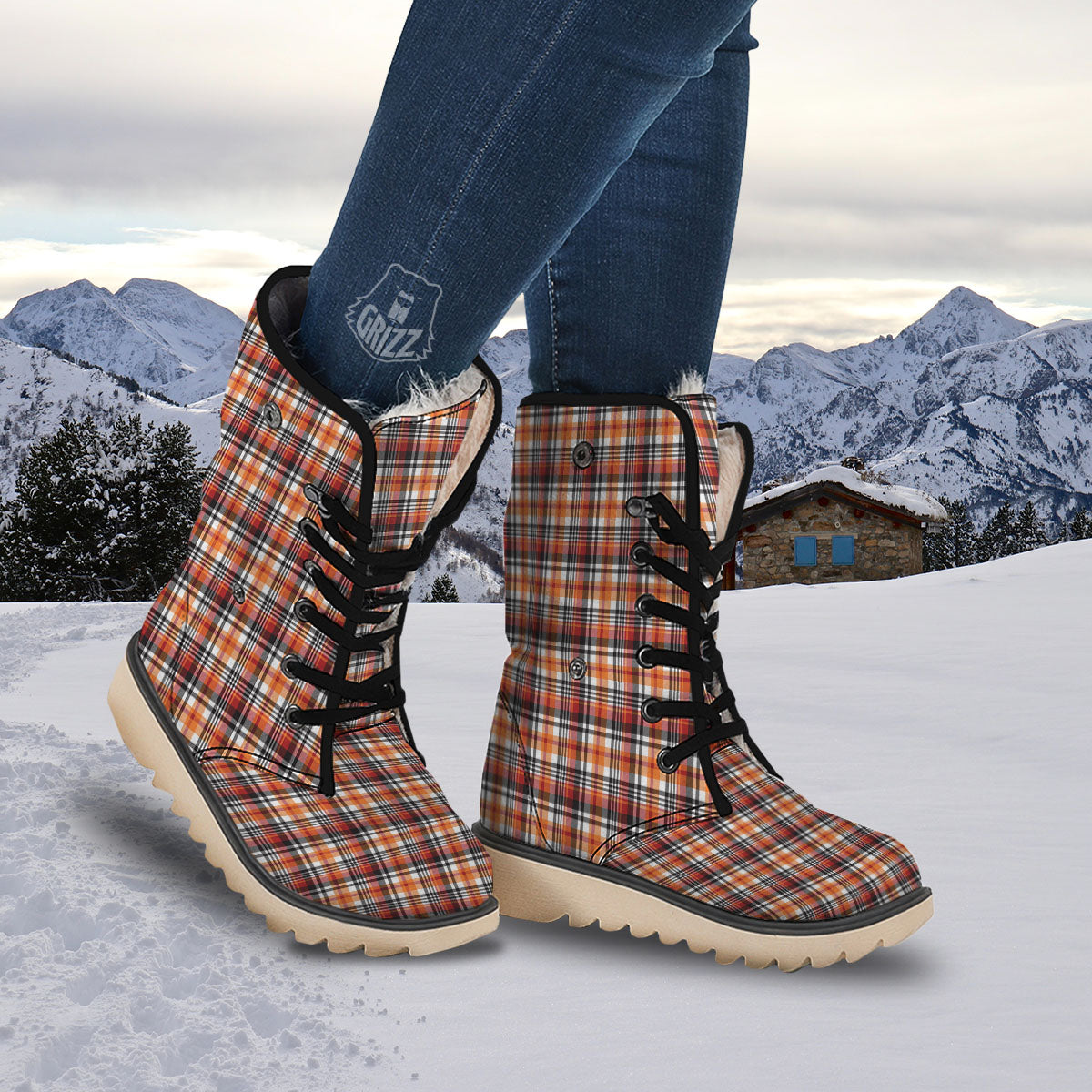 Madras Plaid Black And Orange Print Pattern Snow Boots-grizzshop