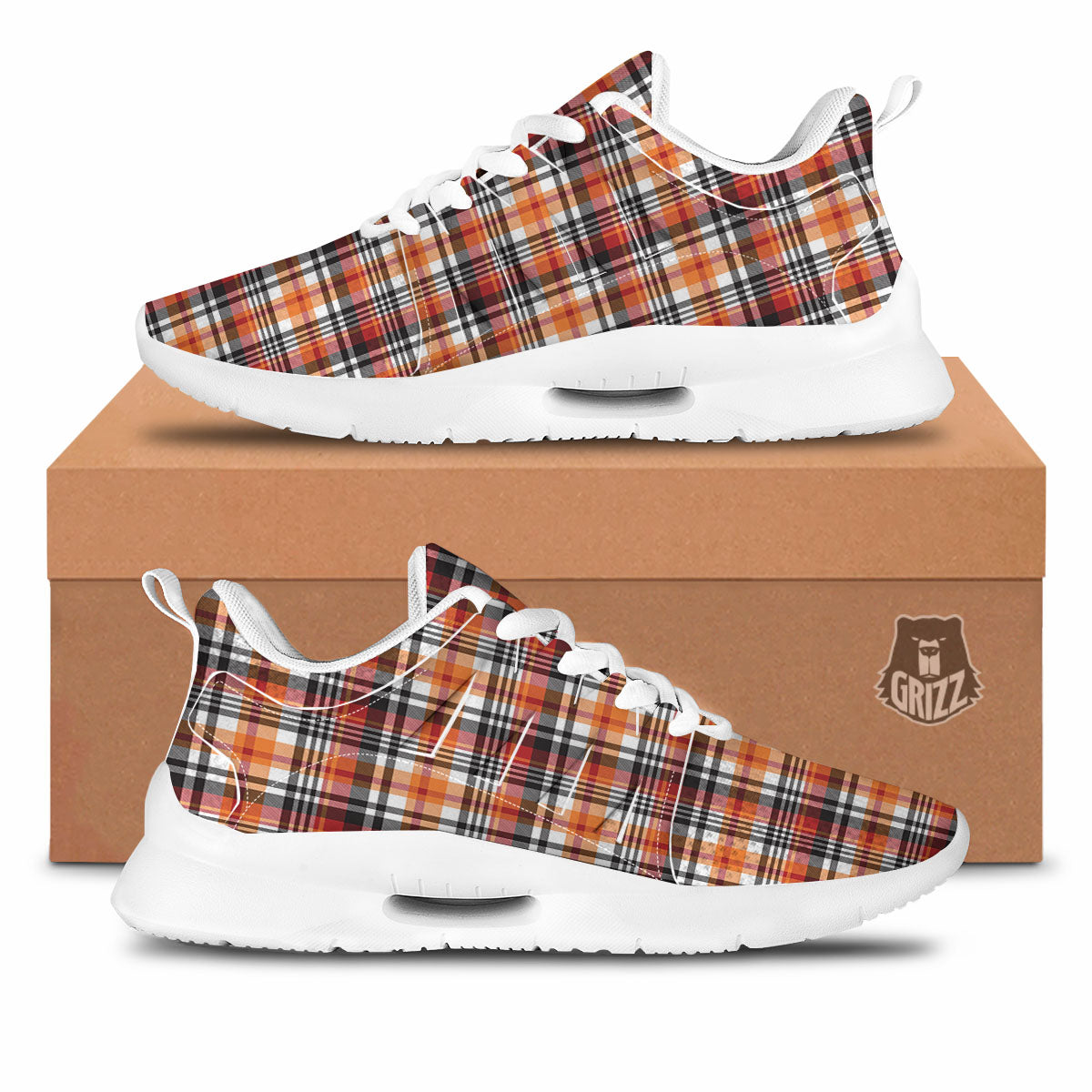 Madras Plaid Black And Orange Print Pattern Tennis Shoes-grizzshop