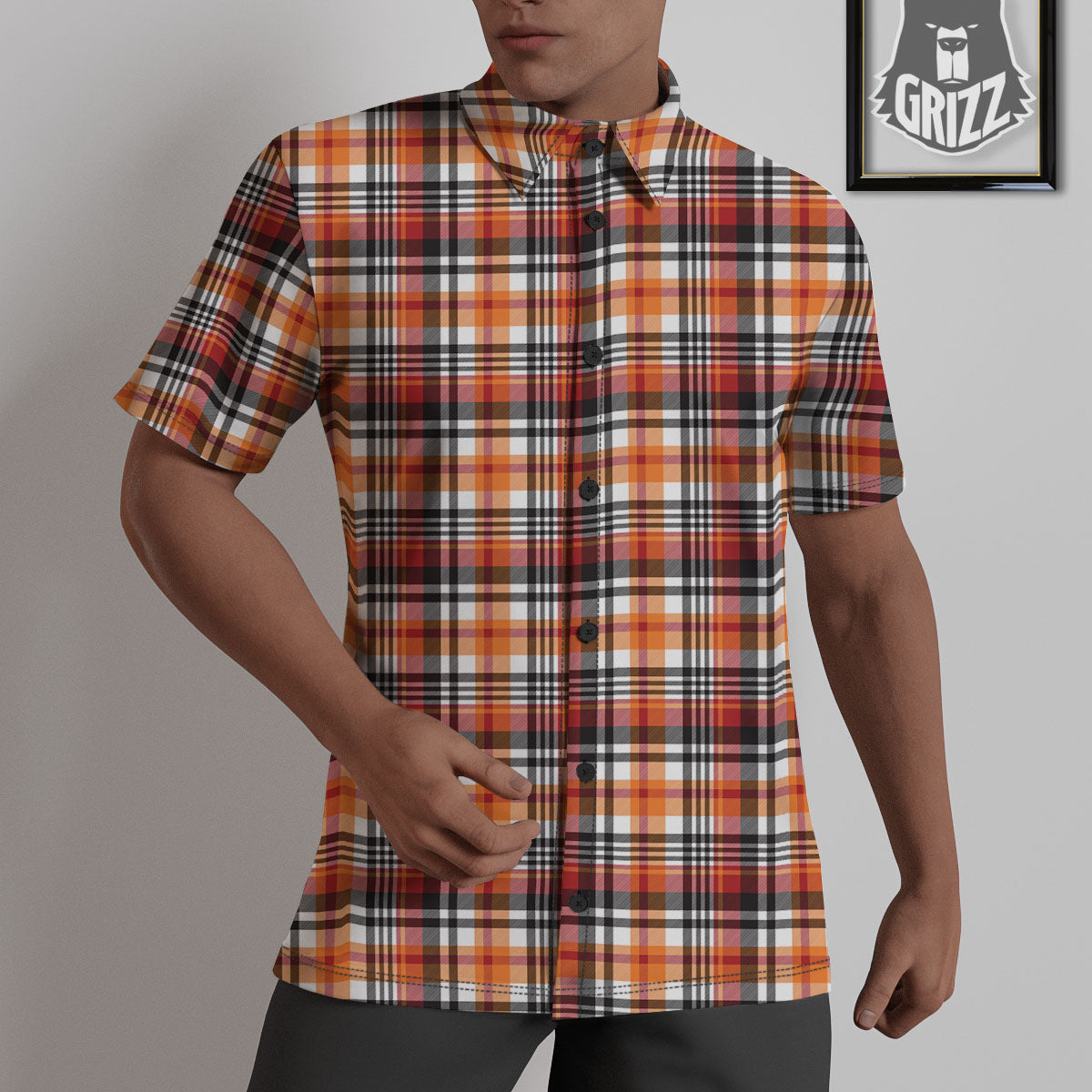 Madras Plaid Black And Orange Print Pattern Untucked Shirts-grizzshop