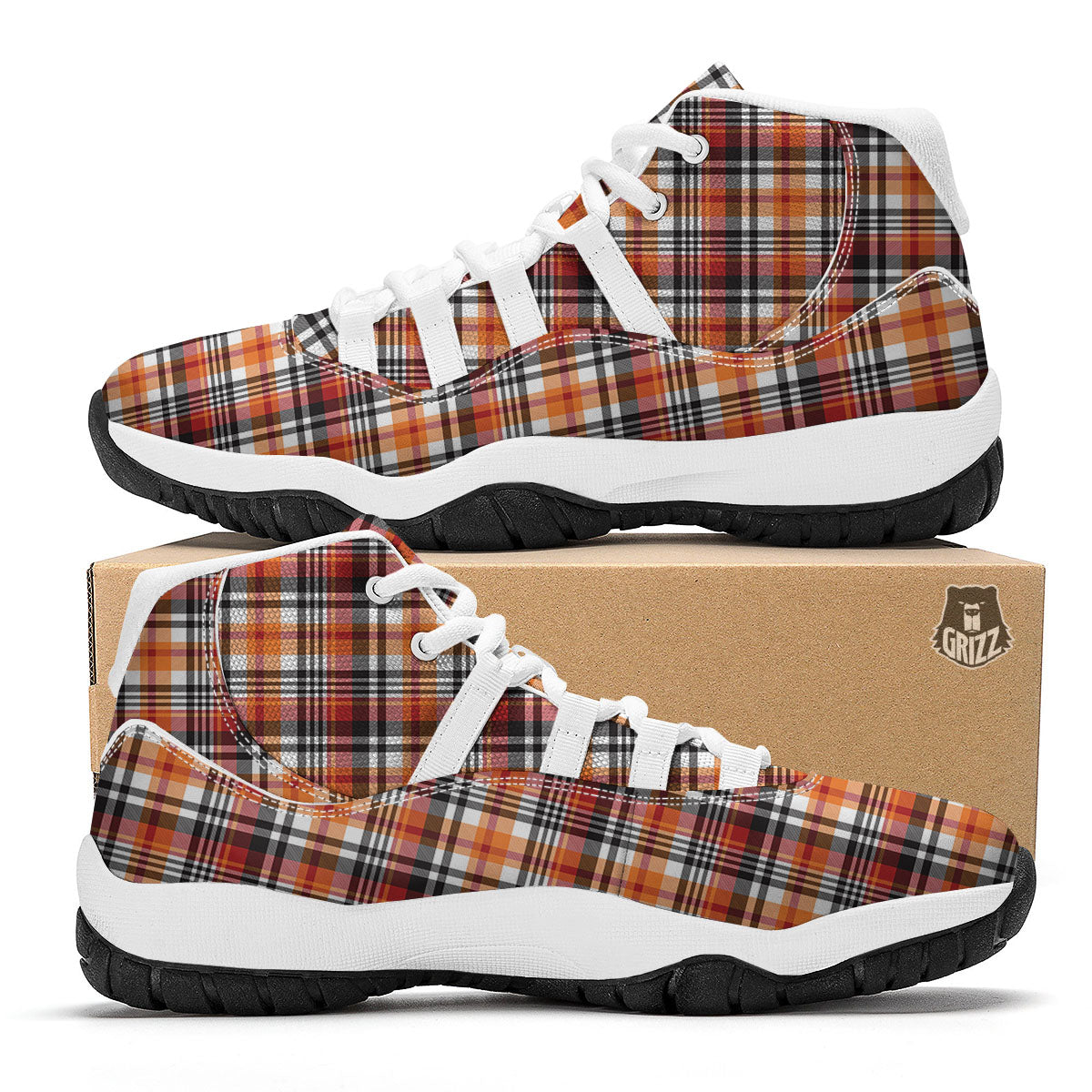 Madras Plaid Black And Orange Print Pattern White Bball Shoes-grizzshop