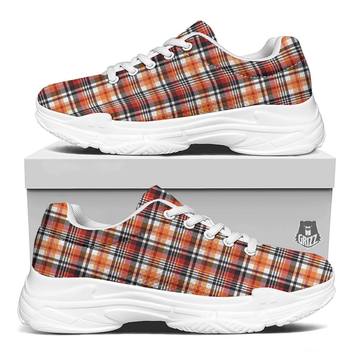 Madras Plaid Black And Orange Print Pattern White Chunky Shoes-grizzshop
