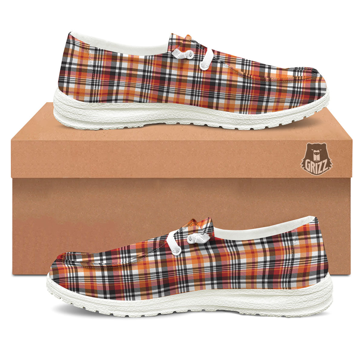 Madras Plaid Black And Orange Print Pattern White Loafers-grizzshop